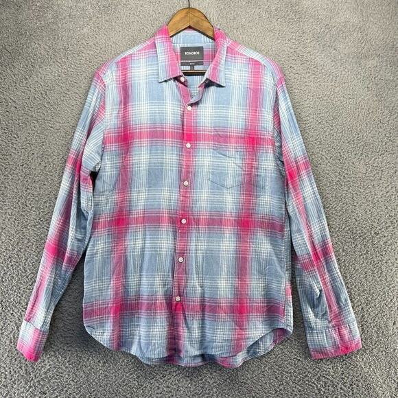 Bonobos Shirt Men's Large Pink Blue Plaid Check Slim Fit Flannel Collared Pocket - Picture 2 of 10